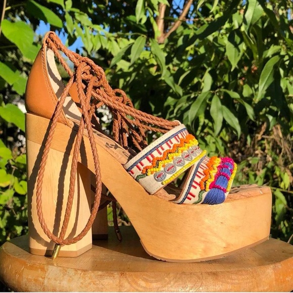 Platform boho Sam Edelman tan leather sandals with colorful embroidery 7.5 - Picture 1 of 8